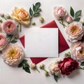 White sheet for inscriptions with a red envelope fresh flowers