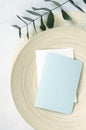 Green eucalyptus branch with leaves, blank paper and plate. Mock up template minimalism design. Royalty Free Stock Photo