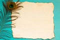 White sheet of paper with burnt edges and a peacock feather on a blue background. Copy space Royalty Free Stock Photo