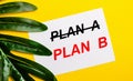 White sheet of paper with the inscription PLAN B on a bright yellow background near the green leaf of the plant. Eco natural Royalty Free Stock Photo