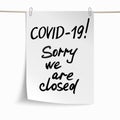 White sheet of paper with phrases Covid-19, Sorry we are closed. Concept against coronavirus. Vector