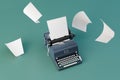 white sheets flying around an old typewriter while printing a book. 3D render