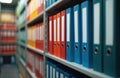 White shelf with multiple rows of folders in library setting. Folders in various sizes, shapes, blue, red covers. Neatly Royalty Free Stock Photo