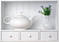 White shelf with vintage porcelain tableware