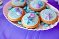 White shell plate full of chocolate candies with blue icing, cookies with shells, stars on the table with shining cloth. Summer Royalty Free Stock Photo