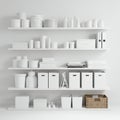 White shelves against a neutral wall hold an organized array of items including Royalty Free Stock Photo