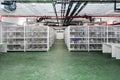 White shelves are lined up all over the area in a warehouse with a green floor. It also has an excellent security system Royalty Free Stock Photo
