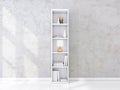 White shelving unit with books and decor in interior, concrete wall, bookshelf mockup