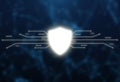 White shield glowing and circuit, motherboard lines on blue background. Hi-tech network, data protection concept Royalty Free Stock Photo