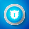 White Shield with keyhole icon isolated on blue background. Protection and security concept. Safety badge icon. Privacy Royalty Free Stock Photo