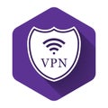 White Shield with VPN and WiFi wireless internet network symbol icon with long shadow. VPN protect safety concept