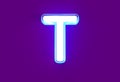 White shine neon light blue glow alphabet - letter T isolated on purple, 3D illustration of symbols Royalty Free Stock Photo