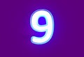 White polished neon light blue glow font - number 9 isolated on purple background, 3D illustration of symbols Royalty Free Stock Photo