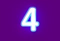 White shiny neon light blue glow font - number 4 isolated on purple background, 3D illustration of symbols Royalty Free Stock Photo