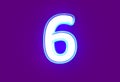 White shine neon light blue glow alphabet - number 6 isolated on purple, 3D illustration of symbols Royalty Free Stock Photo