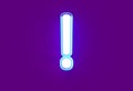 White shine neon light blue glow alphabet - exclamation point isolated on purple background, 3D illustration of symbols