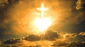 White shining Christian cross and heart in the orange cloudy sky Royalty Free Stock Photo