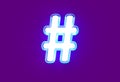 White glossy neon light blue glow font - number sign isolated on purple background, 3D illustration of symbols Royalty Free Stock Photo