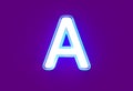 White shiny neon light blue glow font - letter A isolated on purple, 3D illustration of symbols Royalty Free Stock Photo