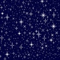White shiny stars on dark blue sky, childish cartoon seamless pattern, vector
