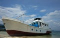 A white ship is being repaired on the shore Royalty Free Stock Photo