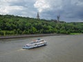 White ship on the Moscow river. Vorobyovy Gory, a beautiful tourist destination in Moscow