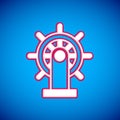 White Ship steering wheel icon isolated on blue background. Vector Royalty Free Stock Photo