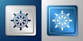 White Ship steering wheel icon isolated on blue and grey background. Silver and blue square button. Vector Royalty Free Stock Photo