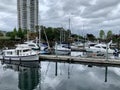 Ships moored at harbour in the old Nanaimo on a cloudy day, May 23, 2019