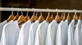 shirts and pullovers on hangers in a wardrobe, shallow depth of field
