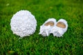 White shoes bride wedding bouquet on the grass Royalty Free Stock Photo