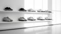 White shoes on a shelf in an empty room, AI