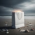 White Shopping Bag on Beach with Seashells and Photos sand ocean Royalty Free Stock Photo