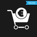 White Shopping cart and euro symbol icon isolated on black background. Online buying concept. Delivery service. Shopping Royalty Free Stock Photo