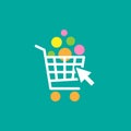 White shopping cart with goods and arrow cursor. Bright purchase. simple icon isolated on turquoise background Royalty Free Stock Photo