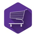 White Shopping cart icon isolated with long shadow. Online buying concept. Delivery service sign. Supermarket basket Royalty Free Stock Photo