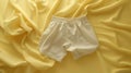 A white shorts laying on a yellow cloth with some fabric, AI