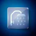 White Shower head with water drops flowing icon isolated on blue background. Square glass panels. Vector Royalty Free Stock Photo