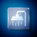 White Shower head with water drops flowing icon isolated on blue background. Square glass panels. Vector Illustration Royalty Free Stock Photo