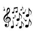 Musical Notes and Treble Clef Symbols on White Background features scattered Royalty Free Stock Photo
