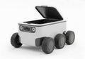 White Autonomous FourWheeled Delivery Robot with Open Compartment on Light Background Royalty Free Stock Photo