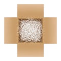 White shredded paper in cardboard box brown open for gift pack, shredded paper in the box brown top view for packaging, doodle