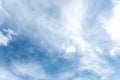 White shroud of natural white cirrus clouds is covered blue summer sky. Skyscape background. Royalty Free Stock Photo