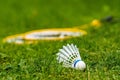 White shuttlecock close-up in a meadow with yellow badminton rackets against a blurred background Royalty Free Stock Photo