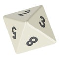 White 8 sided die, octahedron dice, 3D rendering