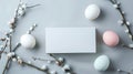 White sign sits on a table with four eggs and some branches. AI generated Royalty Free Stock Photo