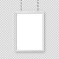 White signboard hanging on a metal chain. Restaurant menu board. Modern poster mockup. Blank photo or picture frame