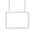 White signboard hanging on a metal chain. Restaurant menu board. Modern poster mockup. Blank photo or picture frame