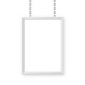 White signboard hanging on a metal chain. Restaurant menu board. Modern poster mockup. Blank photo or picture frame