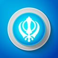 White Sikhism religion Khanda symbol icon isolated on blue background. Khanda Sikh symbol. Circle blue button with white